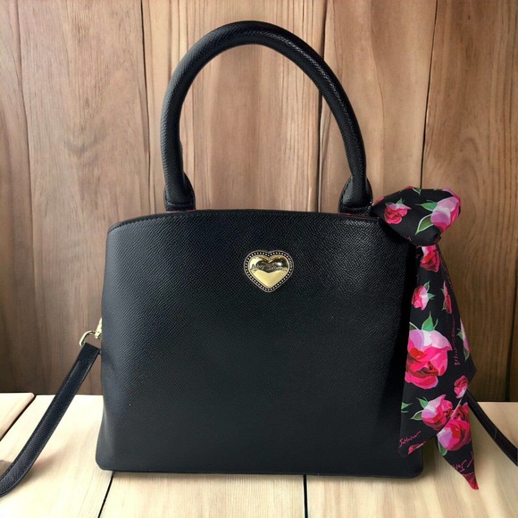 Betsey Johnson Handbags - Betsey Johnson Gigi Triple Compartment Satchel W/ Scarf Black Purse Shoulder Bag
